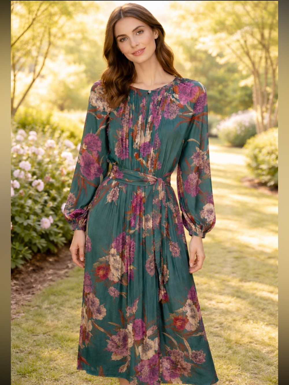🌸Anthopology Current Air Teal Floral Long-Sleeve Midi Dress with Self Tie 🌸